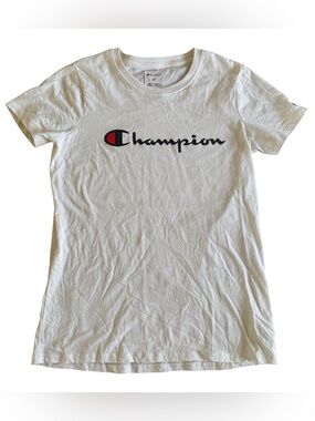 Champion White Tee with Navy Script and Red Accent